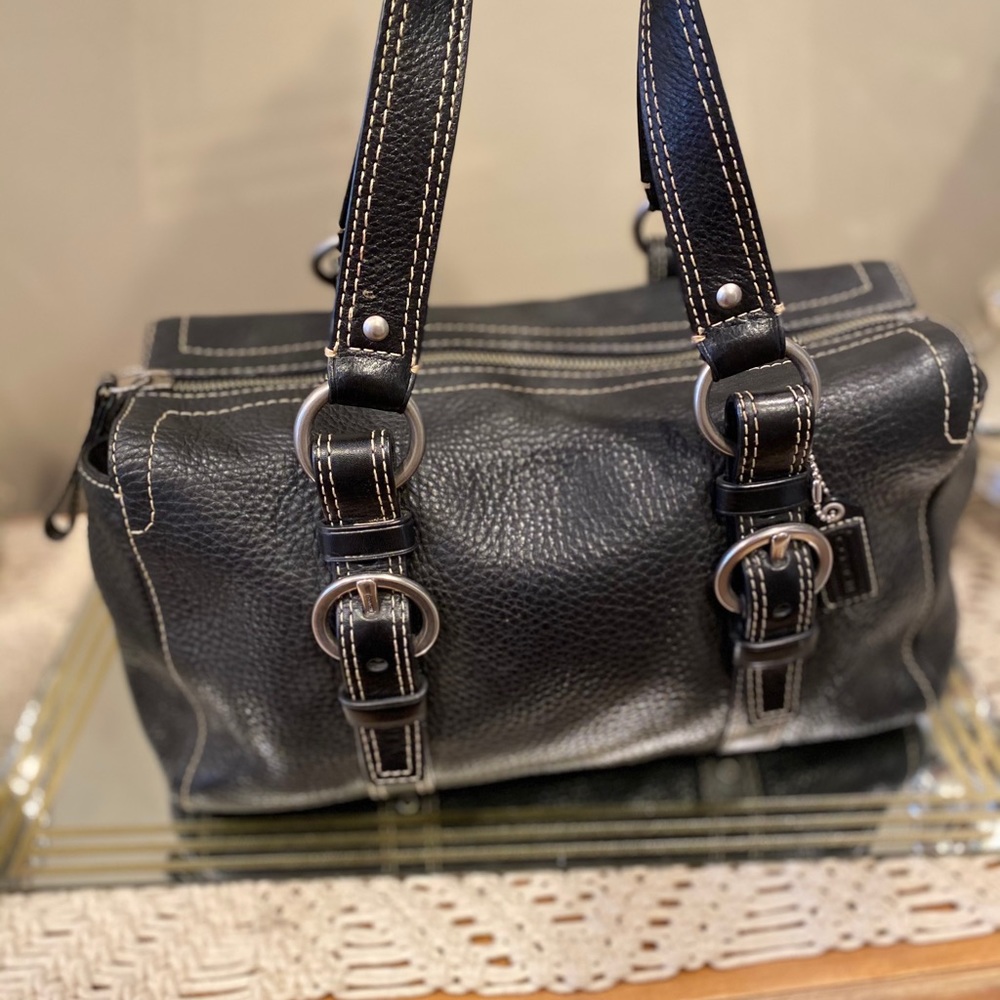 SOHO Black Leather Silver Buckle Coach Tote Shoulder Bag Purse